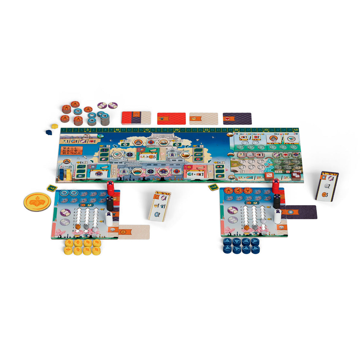 The White Castle Duel board game showing game board cards tokens and player pieces against a white background