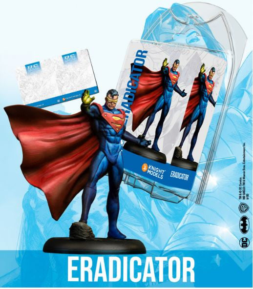 The figure showcasing a powerful superhero in a dynamic pose with glowing red eyes and cape