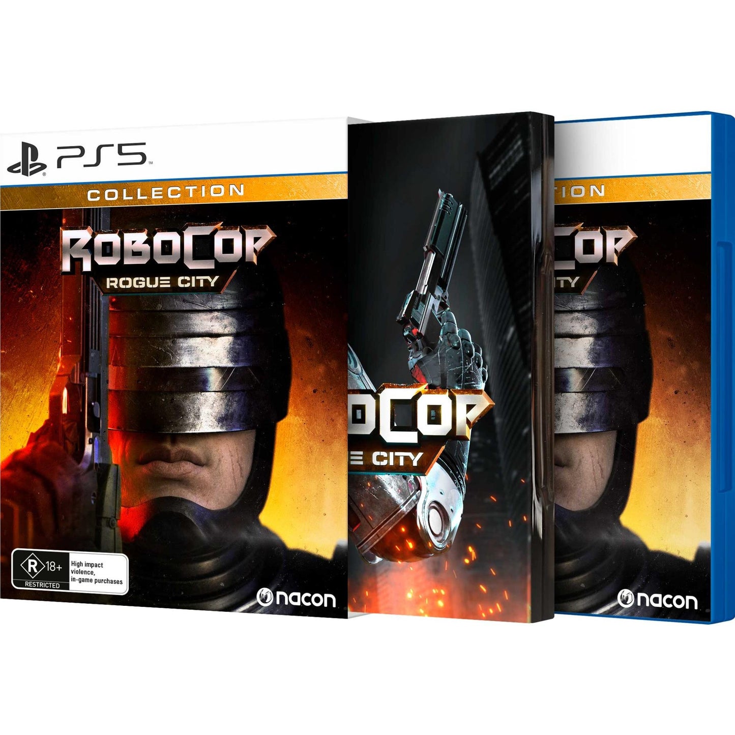 PS5 RoboCop: Rogue City Collection game packaging, featuring the hero's helmet and gun