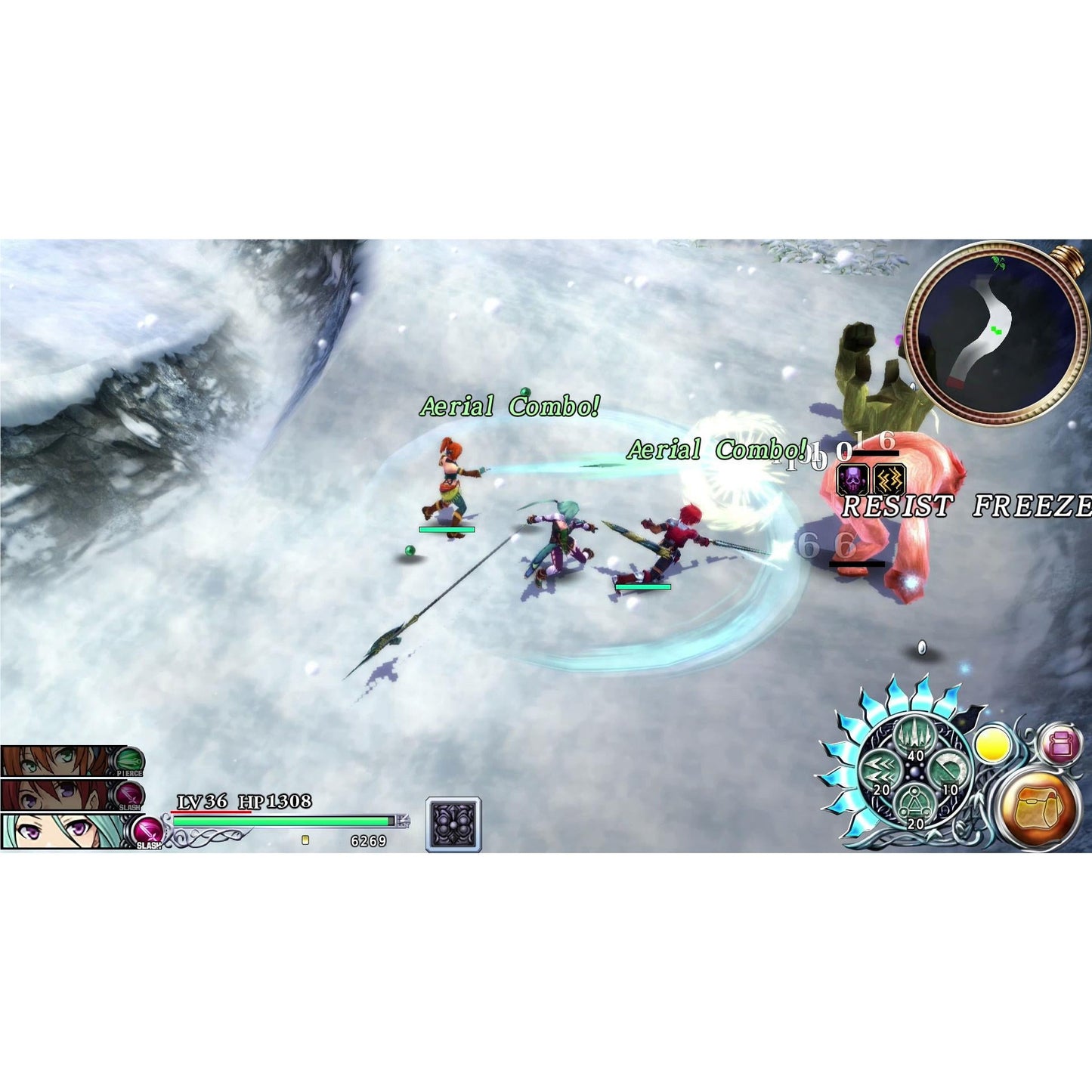 Video game screenshot: Three party members execute an Aerial Combo on a giant red enemy in a snow level