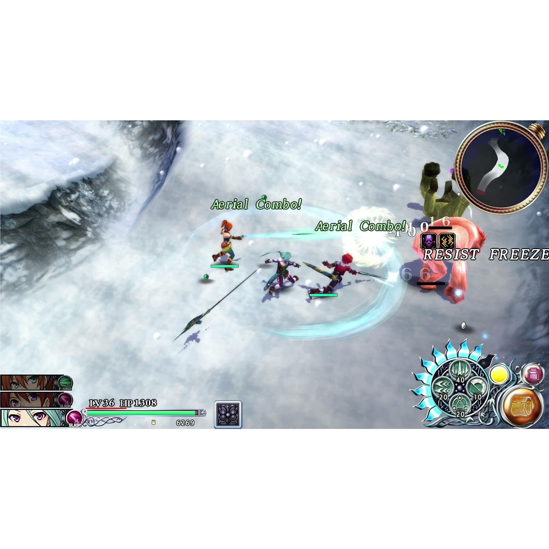 Video game screenshot: Three party members execute an Aerial Combo on a giant red enemy in a snow level