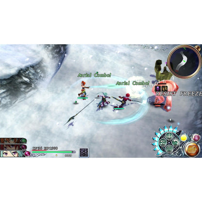 Video game screenshot: Three party members execute an Aerial Combo on a giant red enemy in a snow level