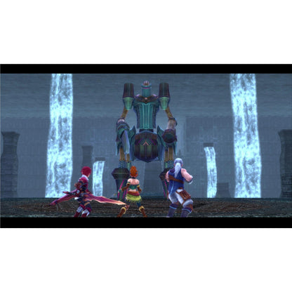 Three heroes confront a colossal teal robot boss in a stone dungeon