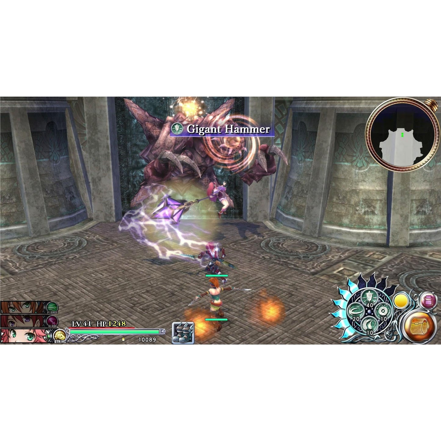 Action RPG boss fight, Heroes strike a large monster in a stone temple chamber, displaying the powerful "Gigant Hammer" attack