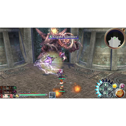 Action RPG boss fight, Heroes strike a large monster in a stone temple chamber, displaying the powerful "Gigant Hammer" attack