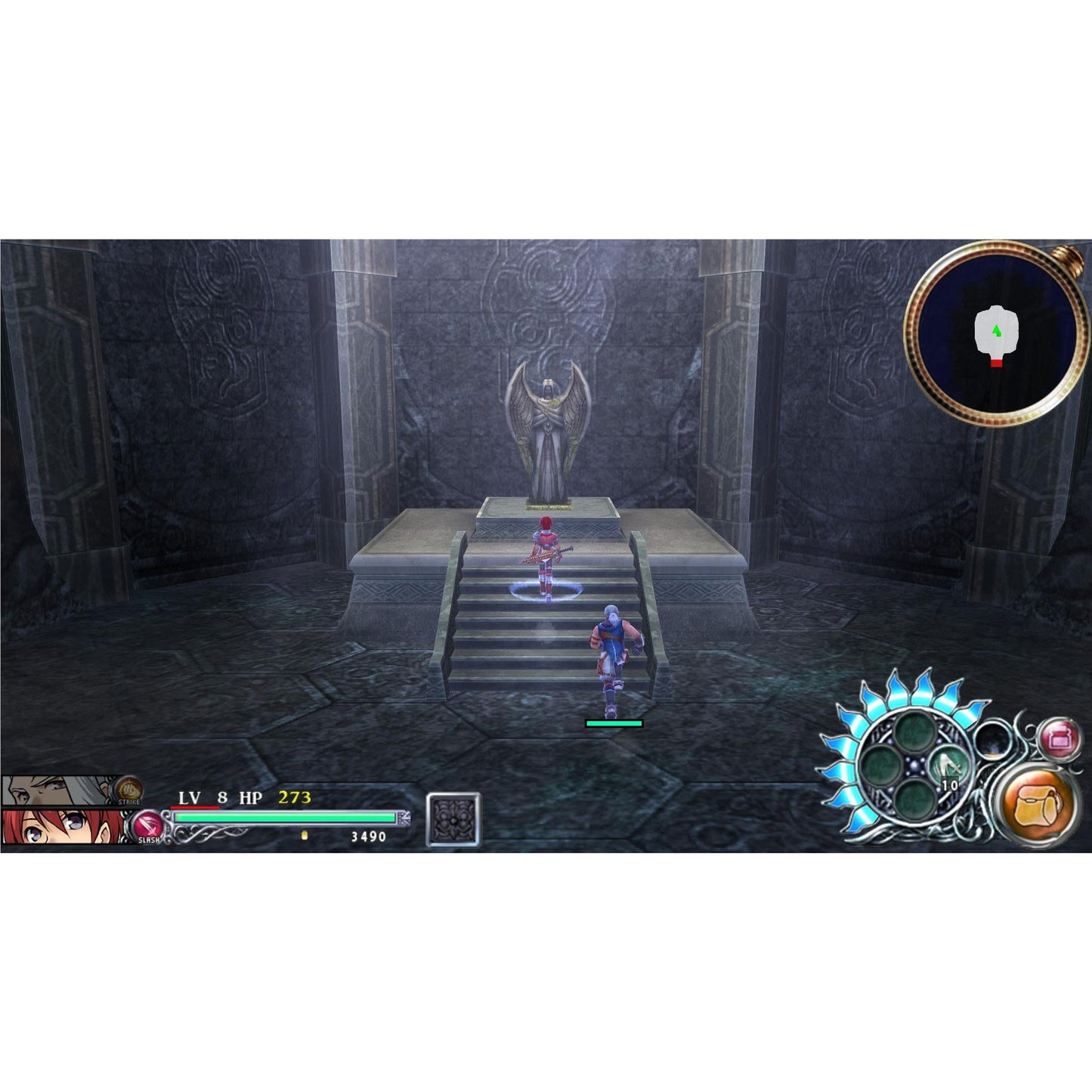 RPG screenshot: Two characters face a large winged statue on a raised dais inside a dark stone dungeon