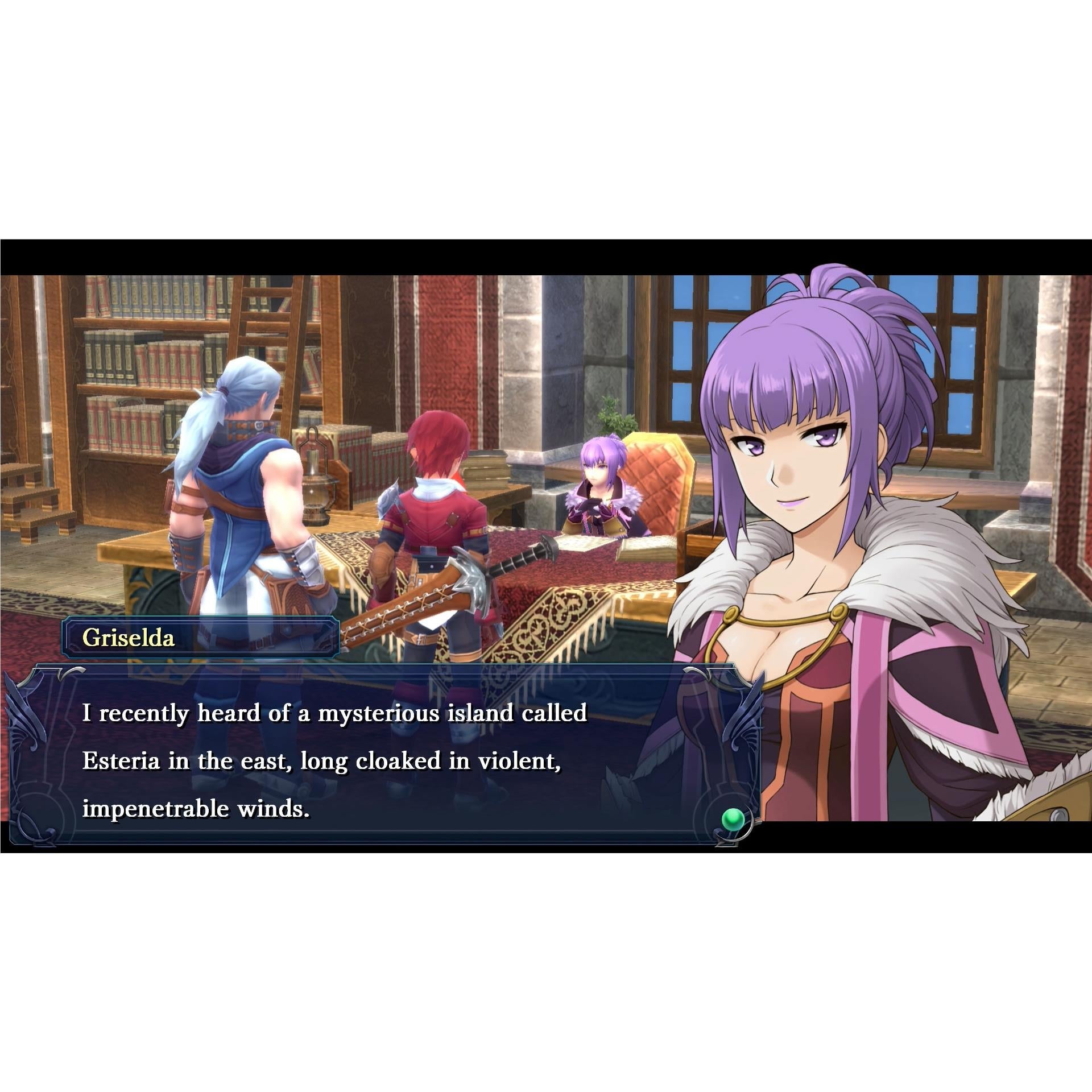 Purple-haired character Griselda speaks during a video game dialogue scene in a library setting