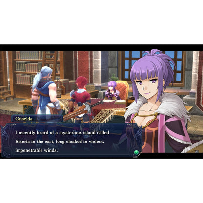 Purple-haired character Griselda speaks during a video game dialogue scene in a library setting