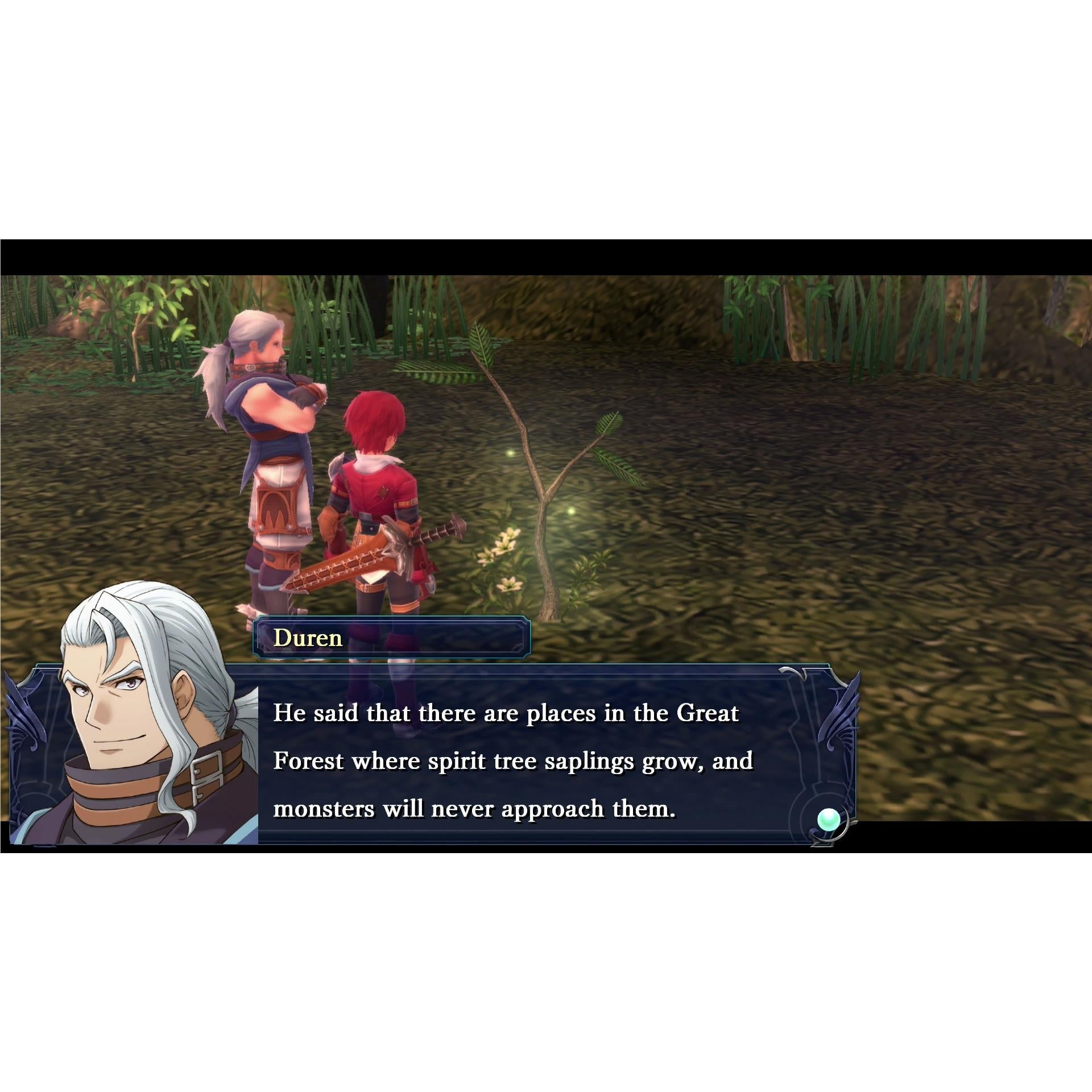 Two RPG characters inspect a glowing spirit sapling in a forest