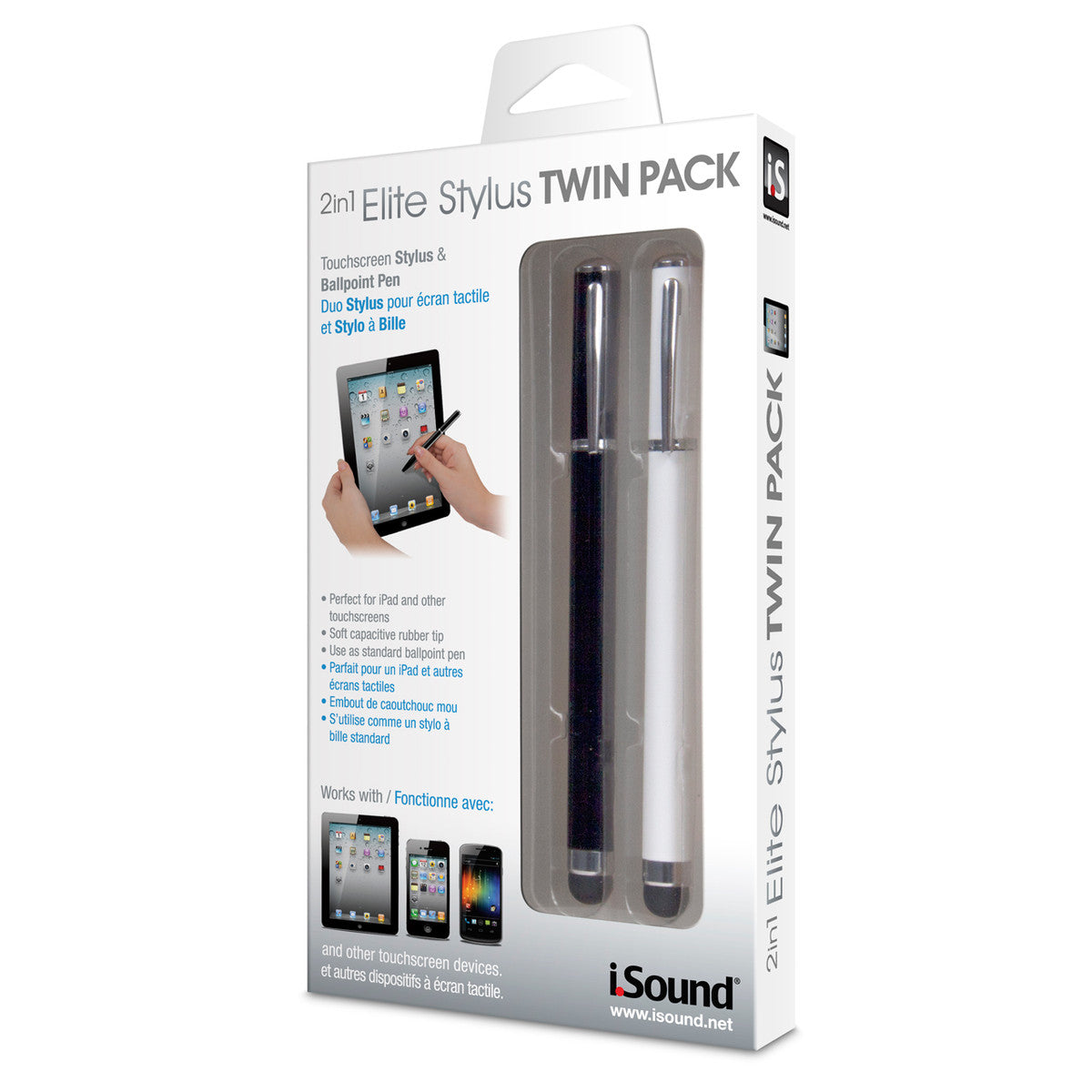 2in1 Elite Stylus Twin Pack with one black and one white touchscreen stylus and ballpoint pen set displayed in clear retail packaging