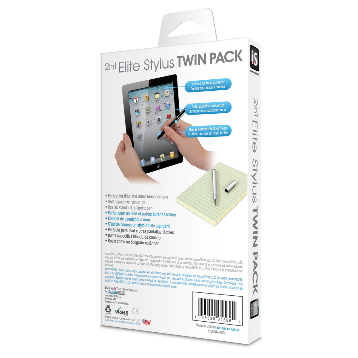 Elite Stylus Twin Pack with one silver pen and one black stylus designed for iPad and other touchscreens featuring a soft rubber tip and ballpoint pen functionality