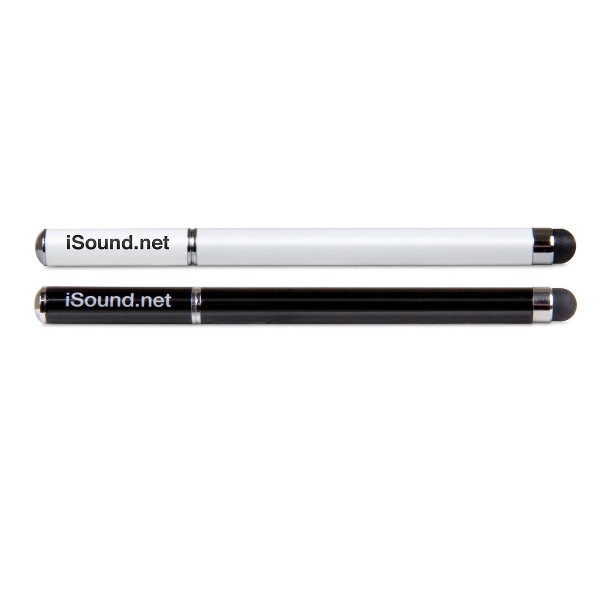 iSound Elite Stylus Twin Pack Set featuring one black and one white stylus for touch screens with iSoundnet branding visible on both