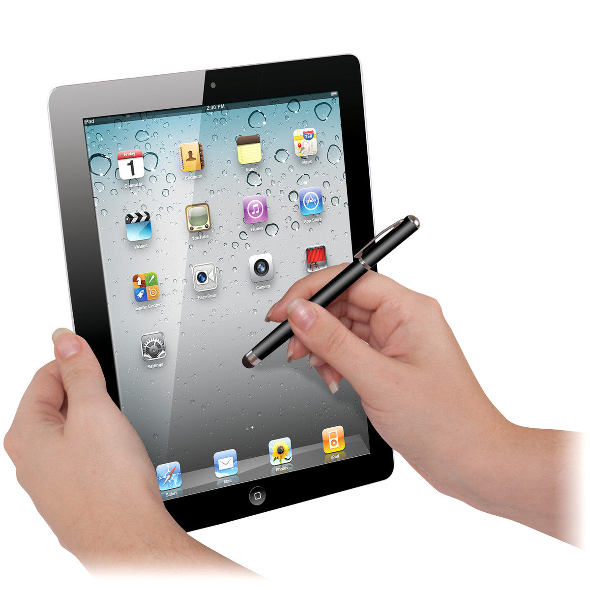 Hands hold an iPad while a black iSound Touch Screen Elite Stylus is used on its display