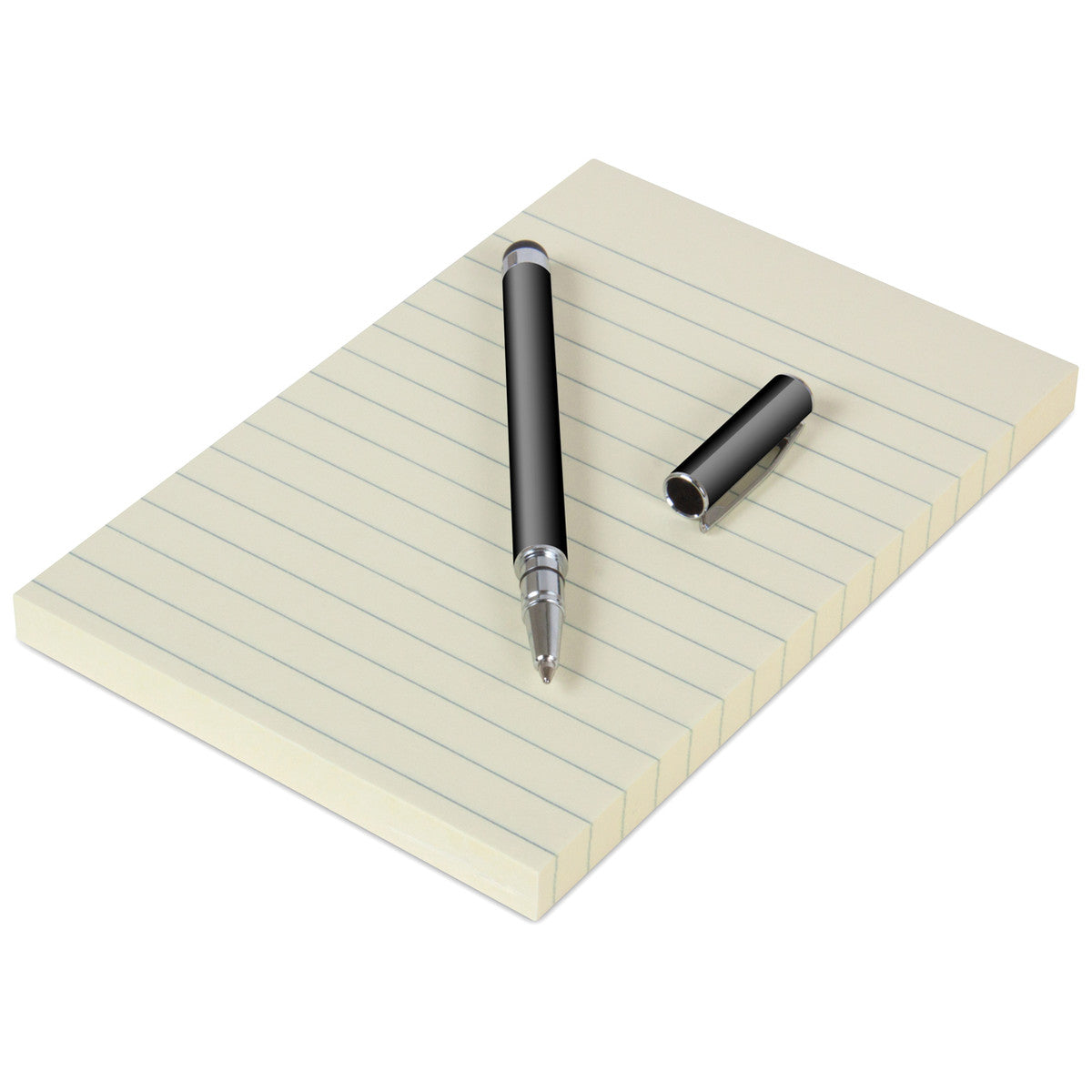 Black iSound Touch Screen Elite Stylus with a silver tip positioned diagonally on a lined yellow notepad alongside its detached cap