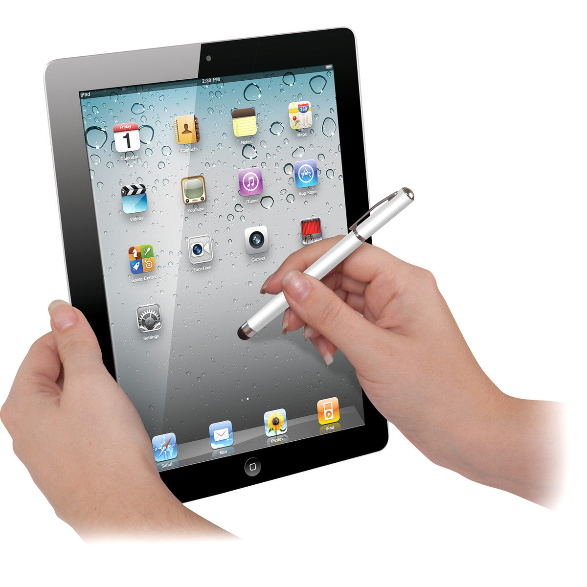 Hands holding an iPad one hand using a white iSound Elite stylus pen on the screen with water droplets design