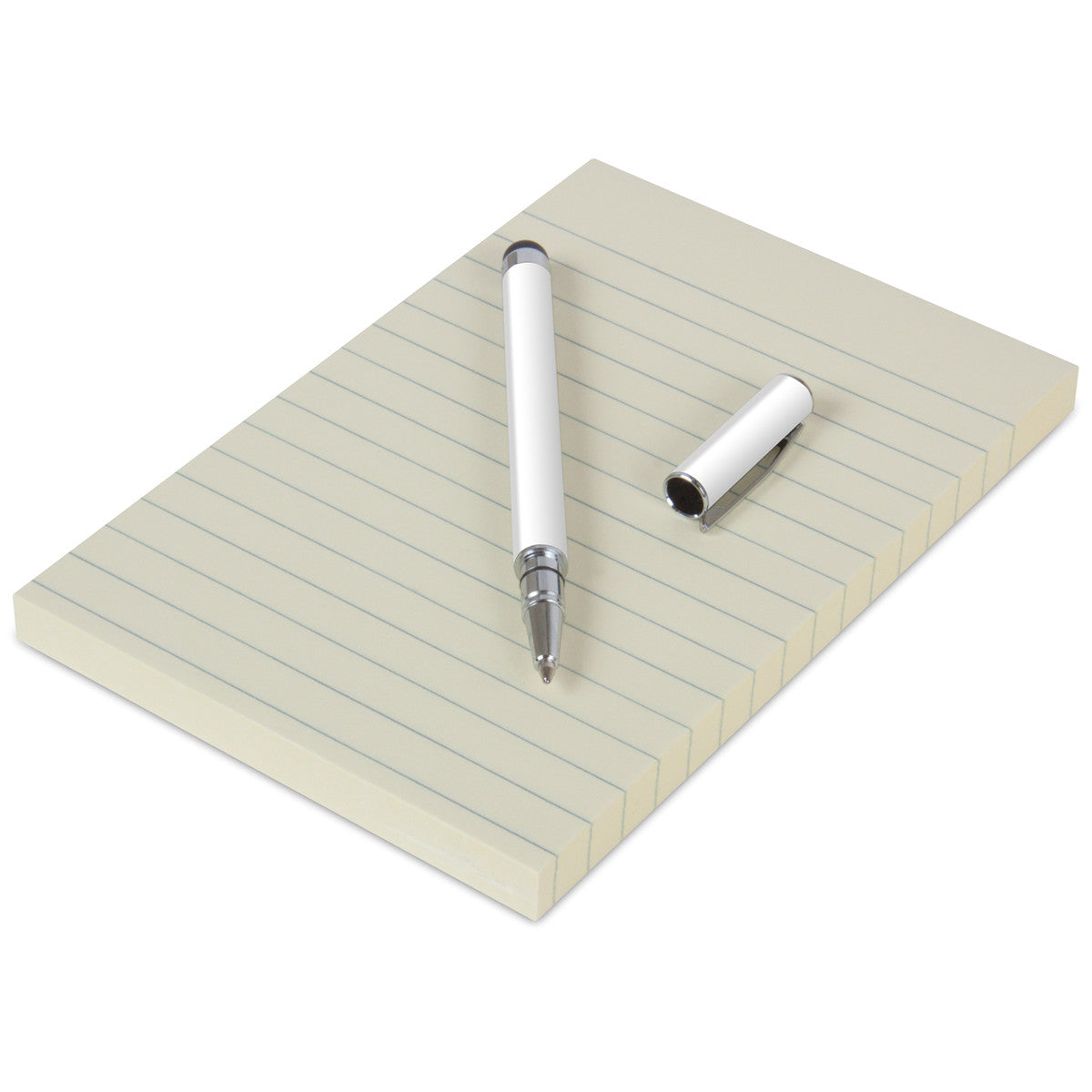 White iSound Touch Screen Elite Stylus and its cap on a yellow legal pad with blue lines
