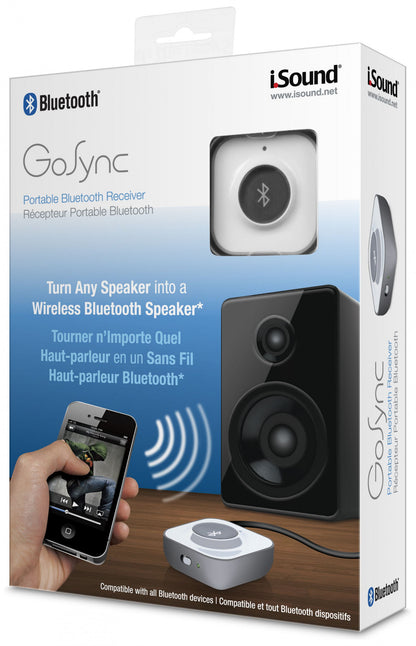 GoSync Portable Bluetooth Receiver box. A smartphone connects wirelessly to a speaker using the receiver.