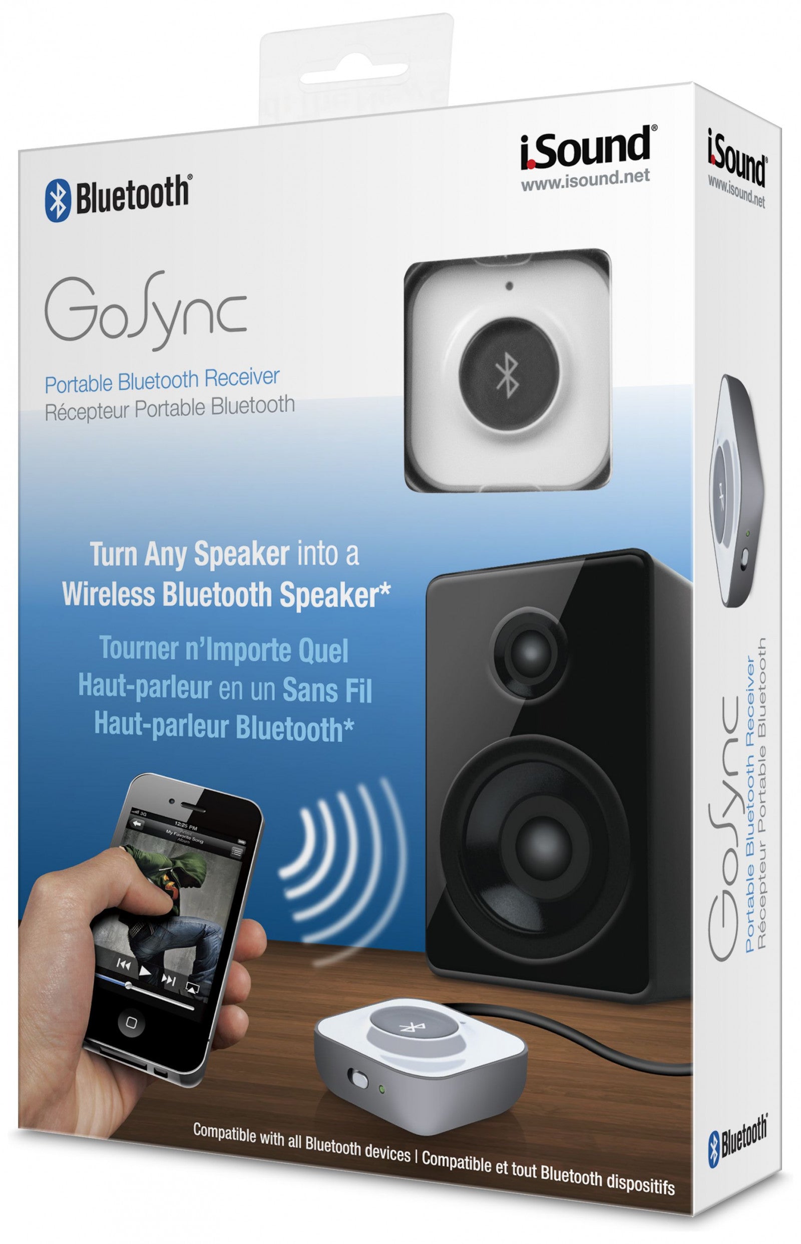 GoSync Portable Bluetooth Receiver box. A smartphone connects wirelessly to a speaker using the receiver.