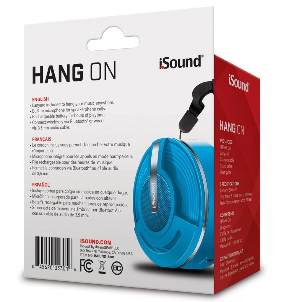 isound Hang On Bluetooth speaker in blue with attached lanyard showing multi-language features and specifications on retail packaging