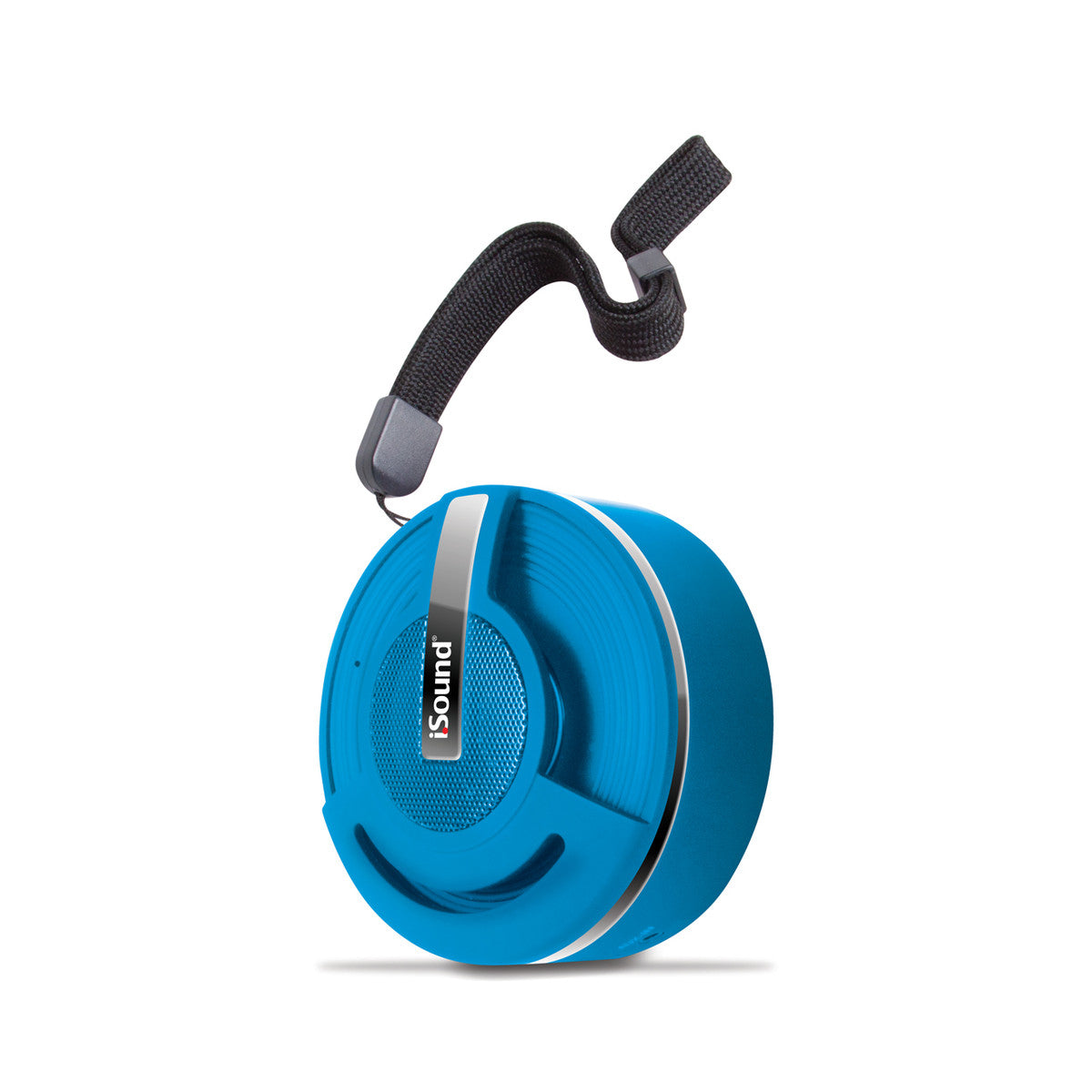 Blue iSound Bluetooth Hang On Speaker with a woven black strap and silver accents featuring a front speaker grille and circular design