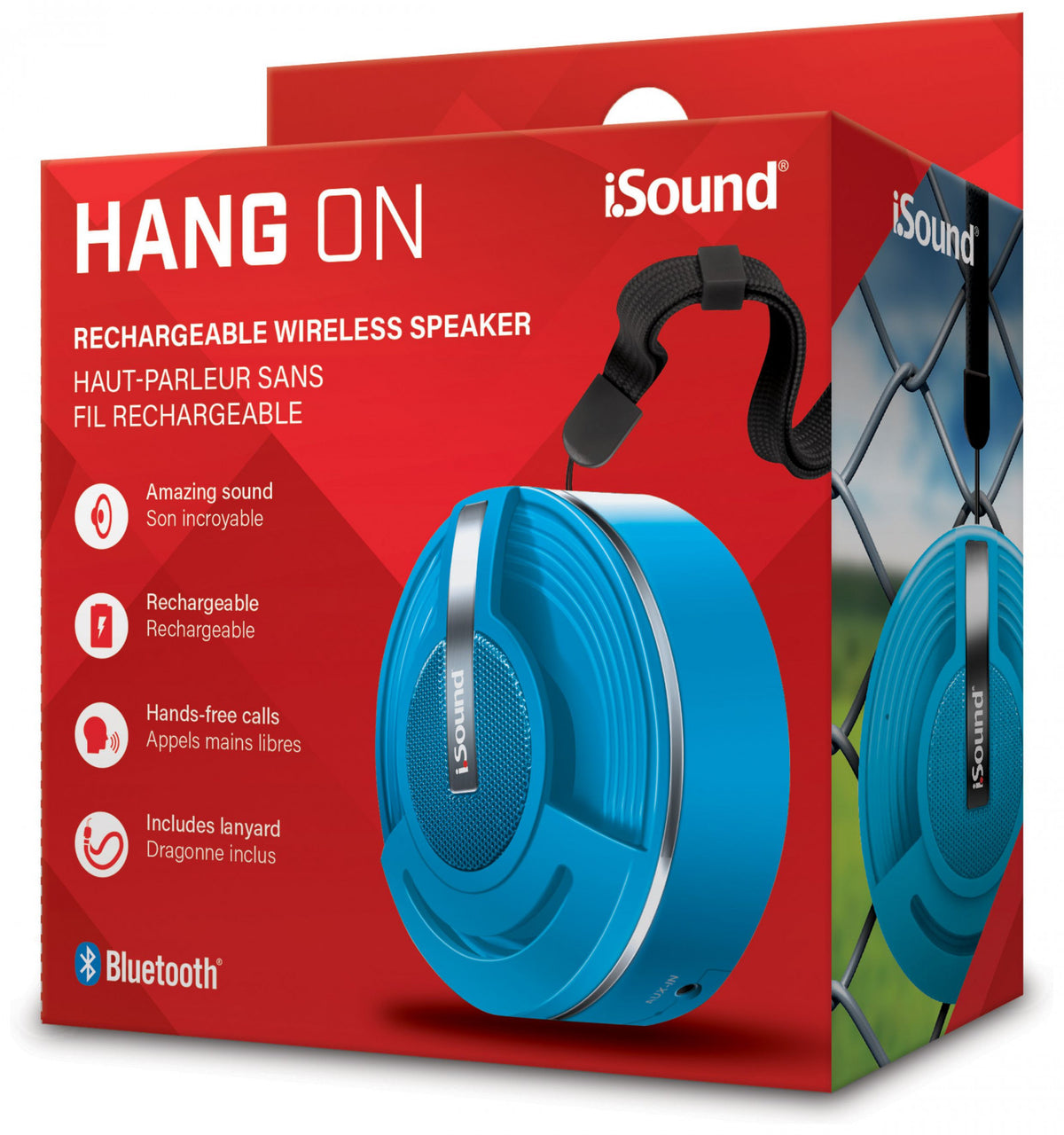 Hang On iSound blue rechargeable wireless speaker with a black lanyard showcasing amazing sound hands-free calls and Bluetooth connectivity