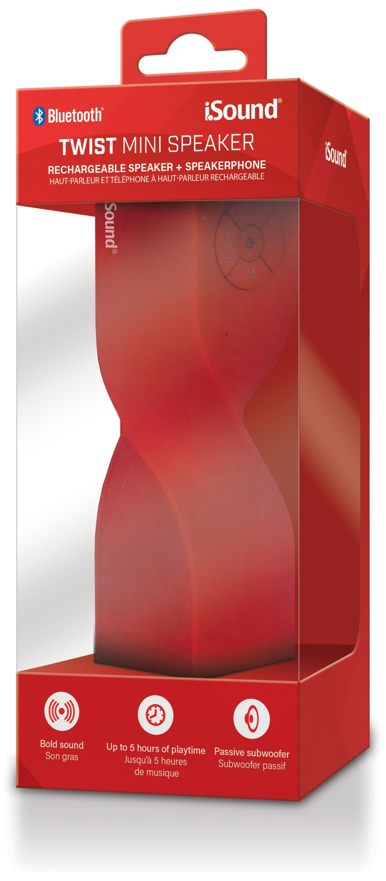 Red iSound Twist Mini Bluetooth speaker with an hourglass shape, displayed in its red retail box.