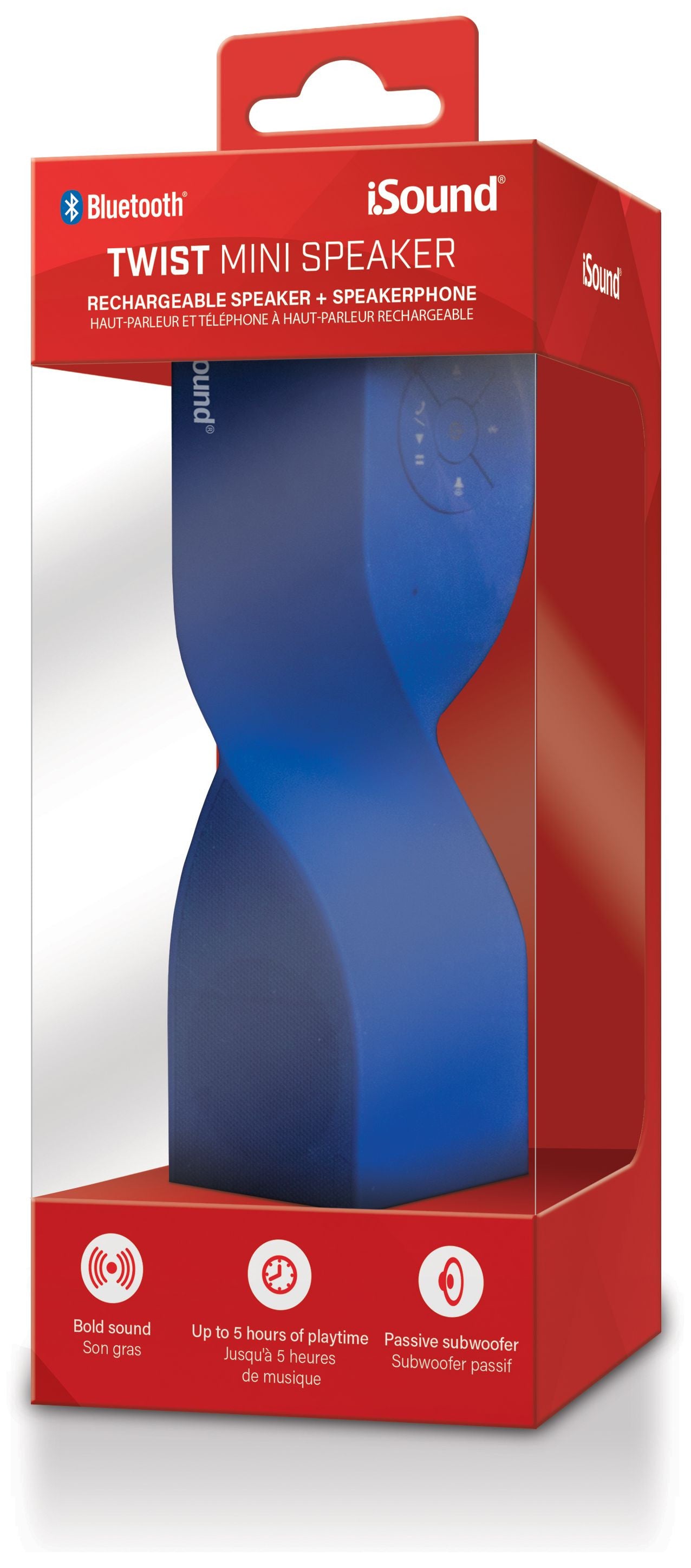 Blue hourglass-shaped iSound Twist Mini Speaker in red and clear retail packaging.