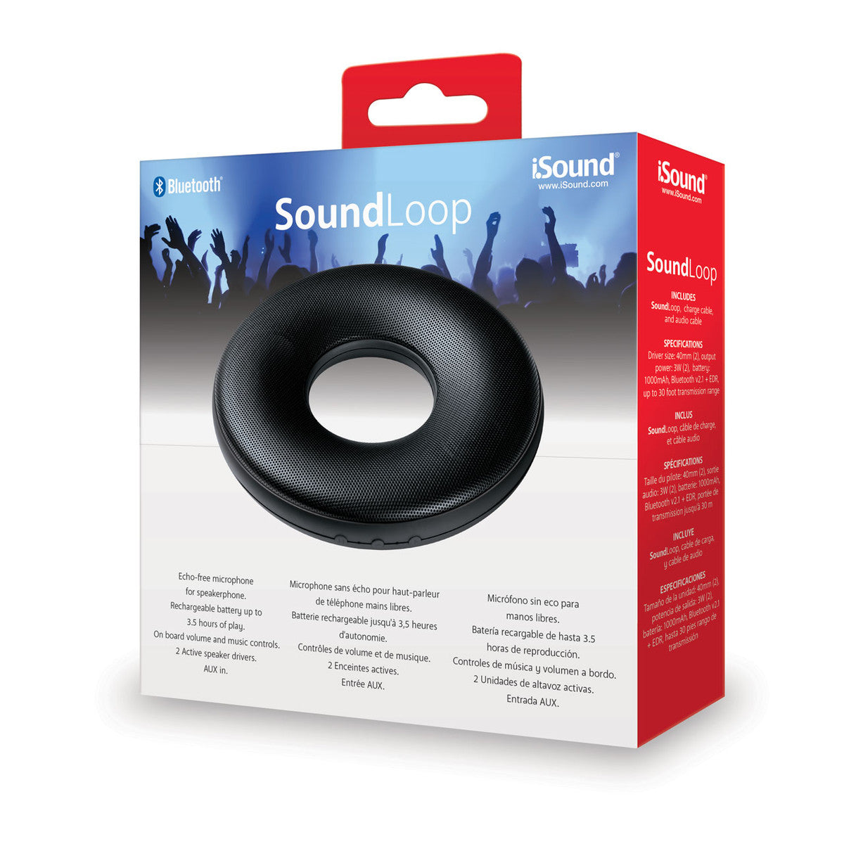 Black iSound SoundLoop Bluetooth speaker with an echo-free microphone and rechargeable battery for 35 hours of play
