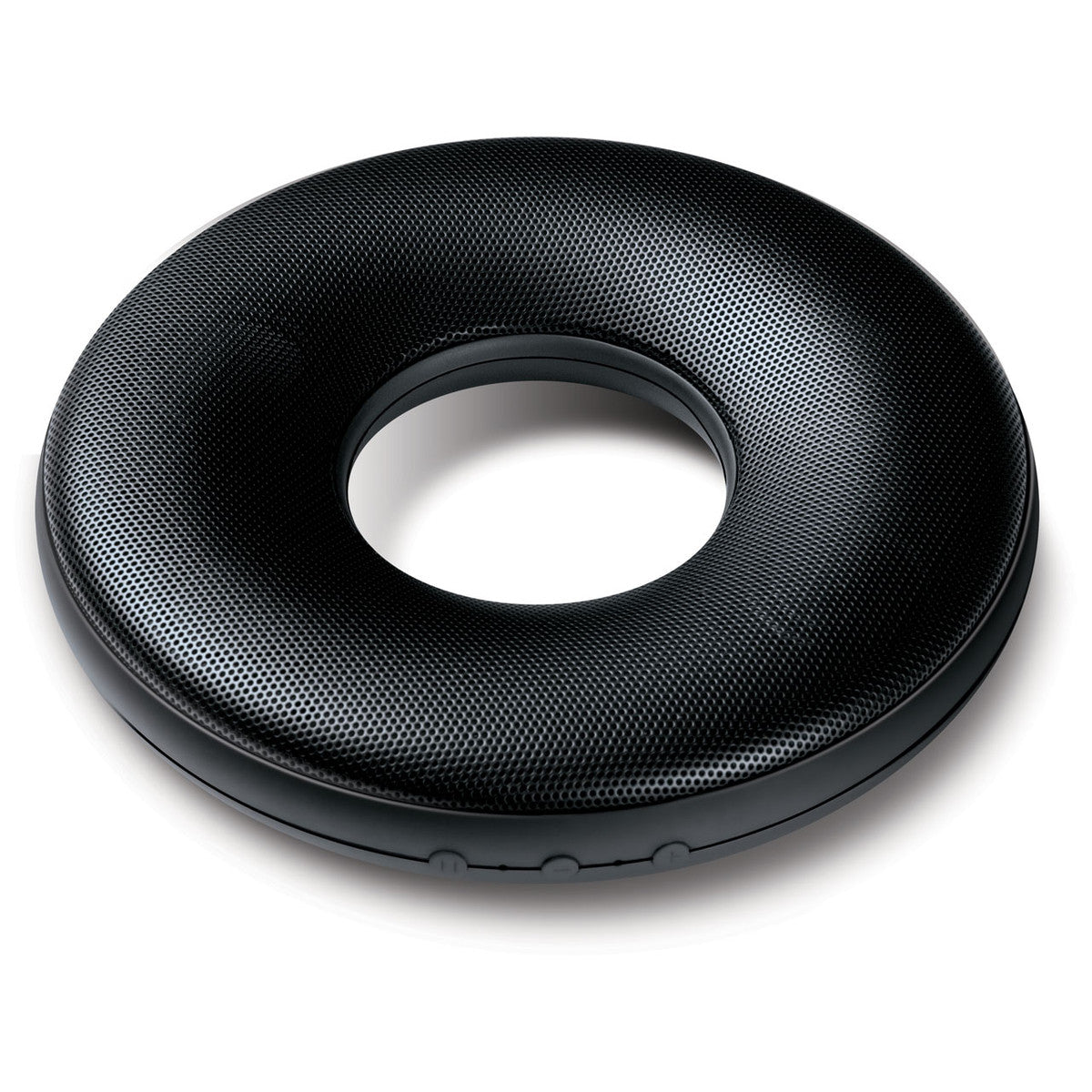 iSound Bluetooth SoundLoop speaker in black a portable donut-shaped audio device with a perforated speaker grille and subtle control buttons