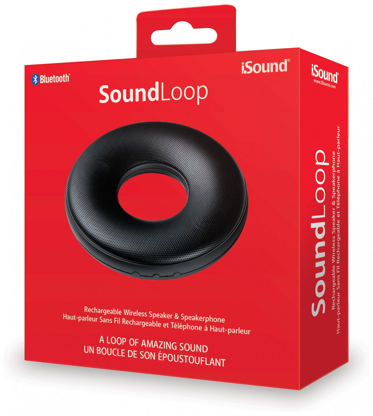 iSound SoundLoop Bluetooth speaker in black presented in its vibrant red retail box highlighting its wireless and speakerphone features