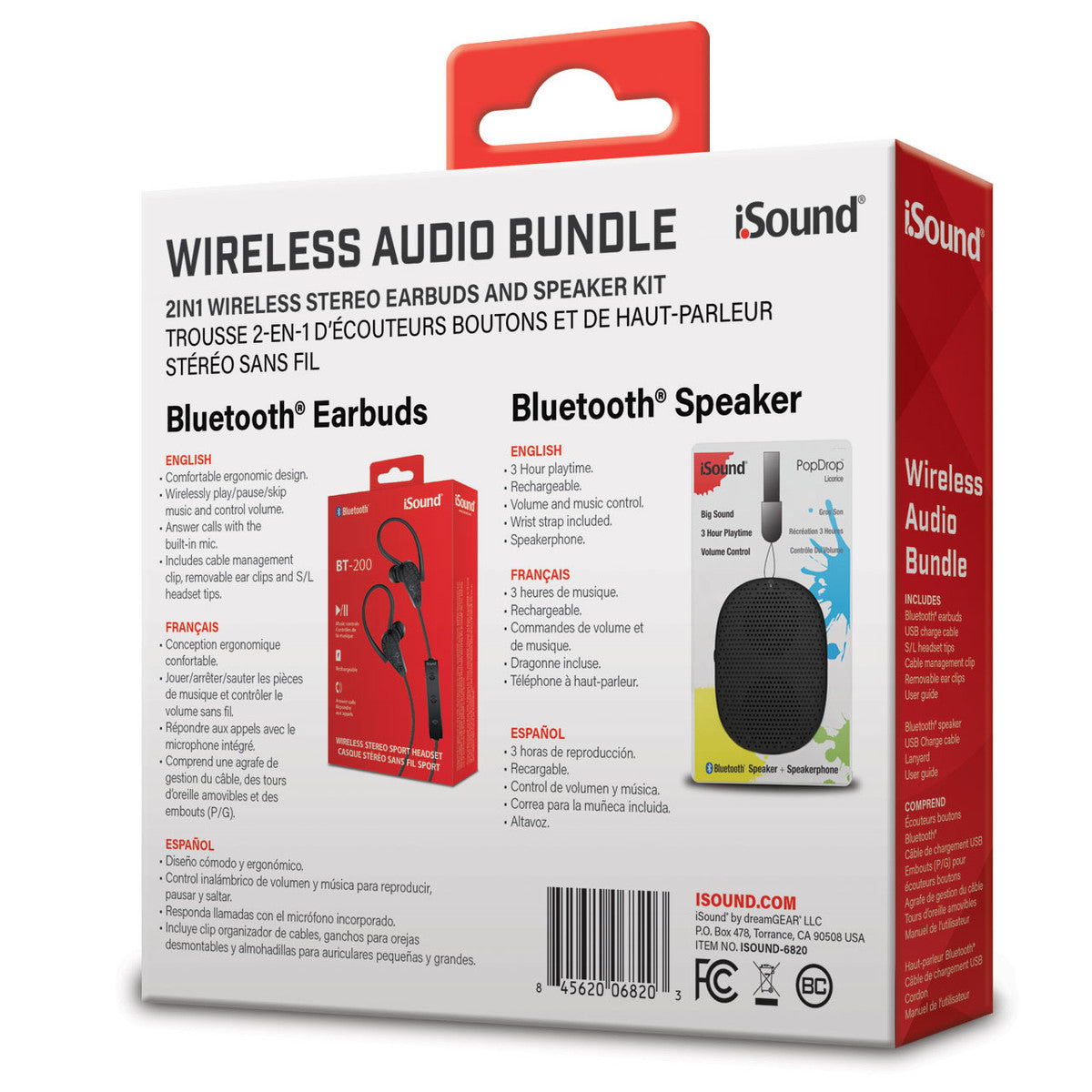 Black iSound Bluetooth Wireless Audio Bundle with earbuds and a speaker displayed in packaging with product features listed