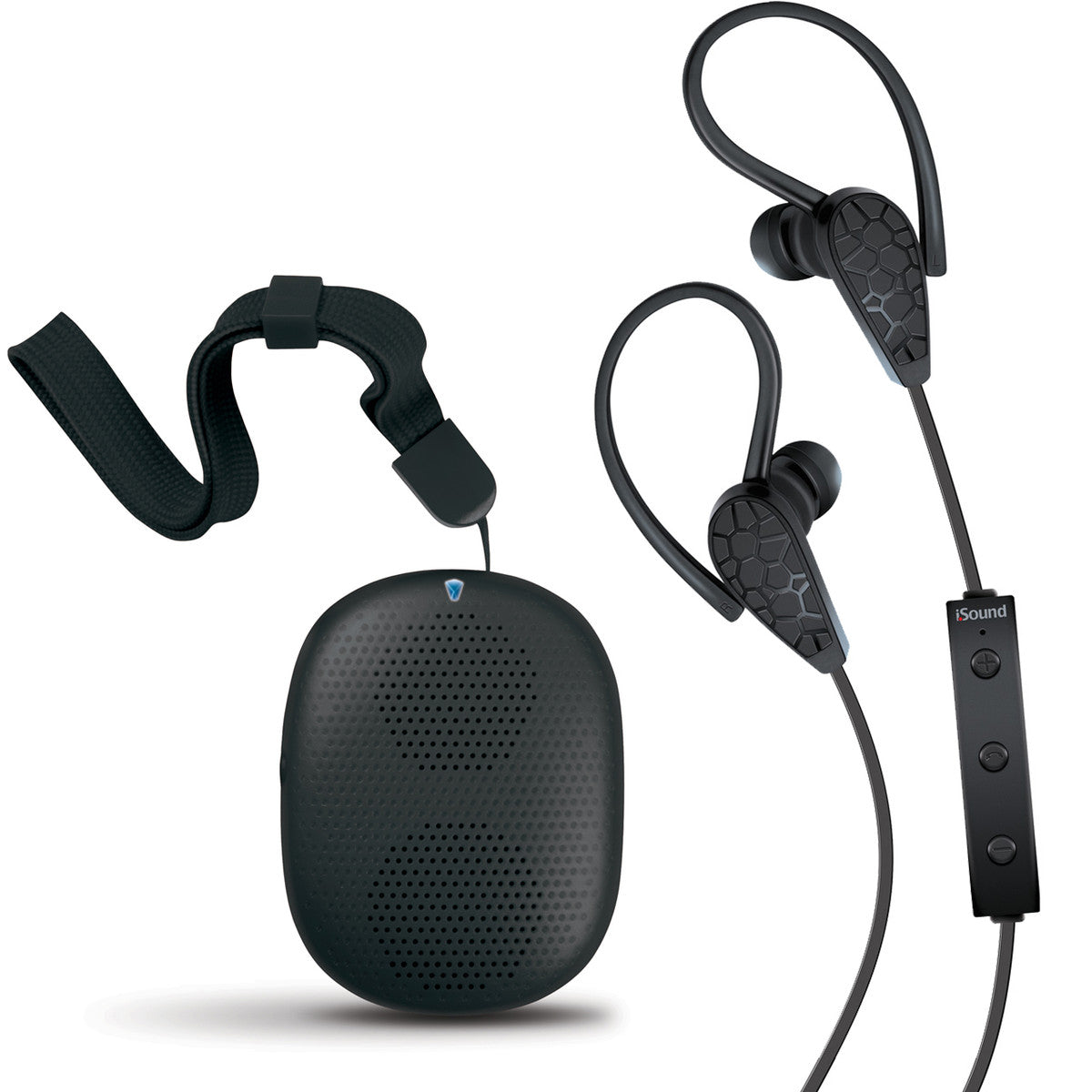 Black iSound Bluetooth wireless audio bundle featuring earbuds with ear hooks a control unit and a portable speaker with a carrying strap