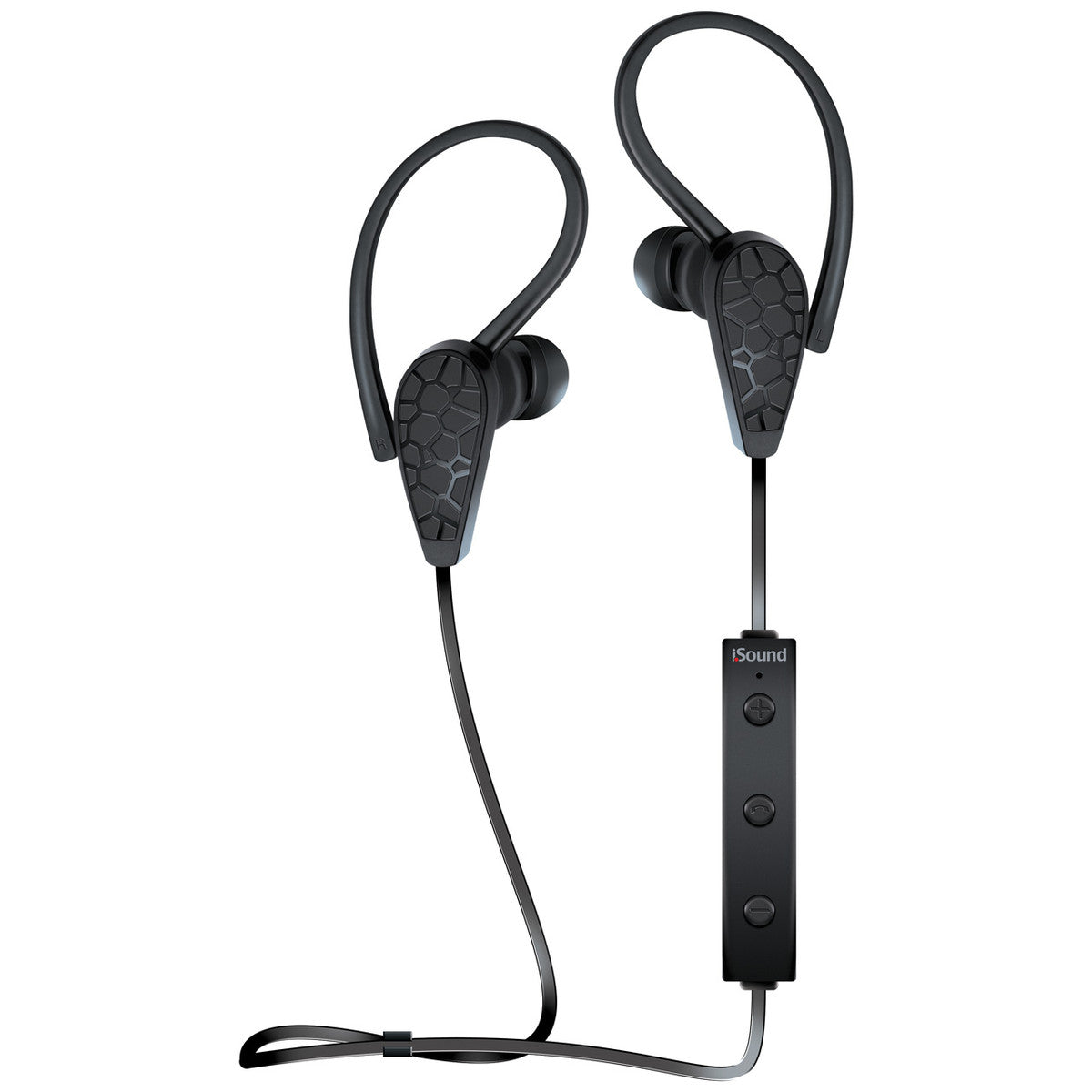 Black iSound Bluetooth wireless sports earbuds with ear hooks featuring a textured hexagonal pattern and an inline remote control with volume and power buttons
