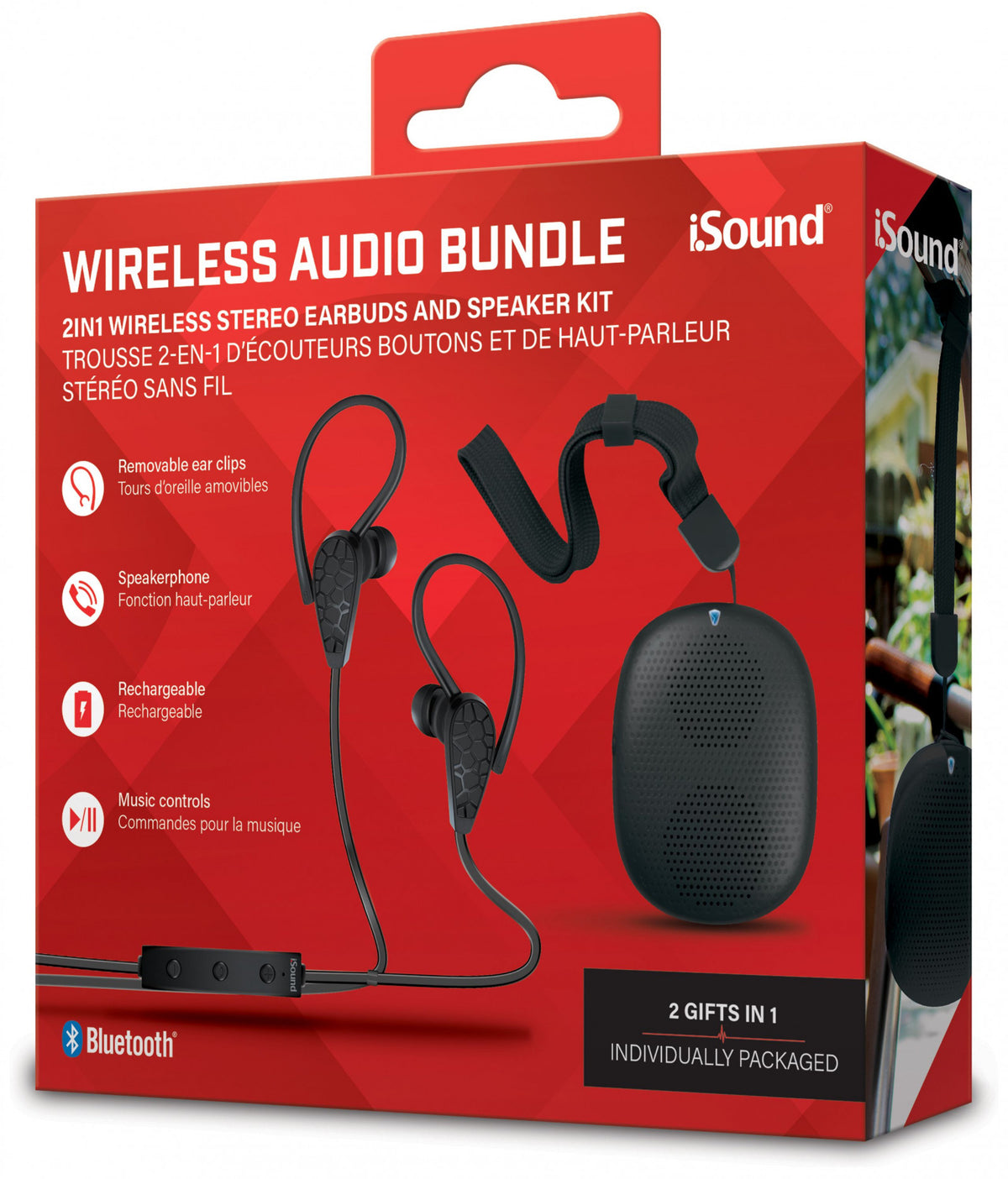 iSound Wireless Audio Bundle featuring black 2-in-1 stereo earbuds with ear clips speakerphone and a portable Bluetooth speaker