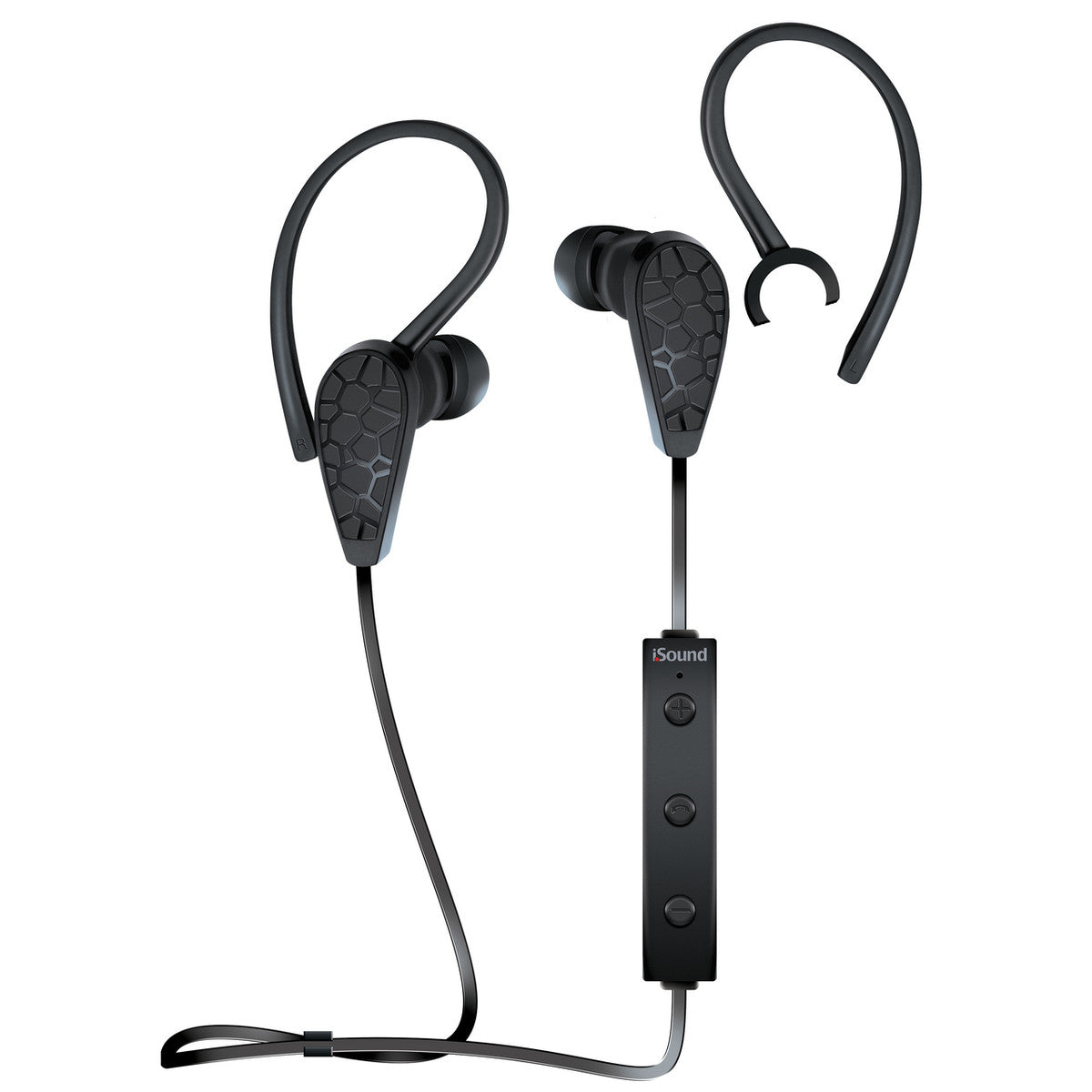 Black iSound Bluetooth wireless sport earbuds with honeycomb texture and in-line remote control featuring an ear hook design for secure fit