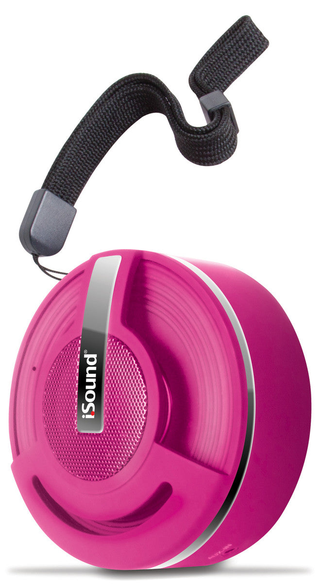 Pink iSound portable Bluetooth wireless speaker with a black wrist strap featuring a metal grille and a silver accent band
