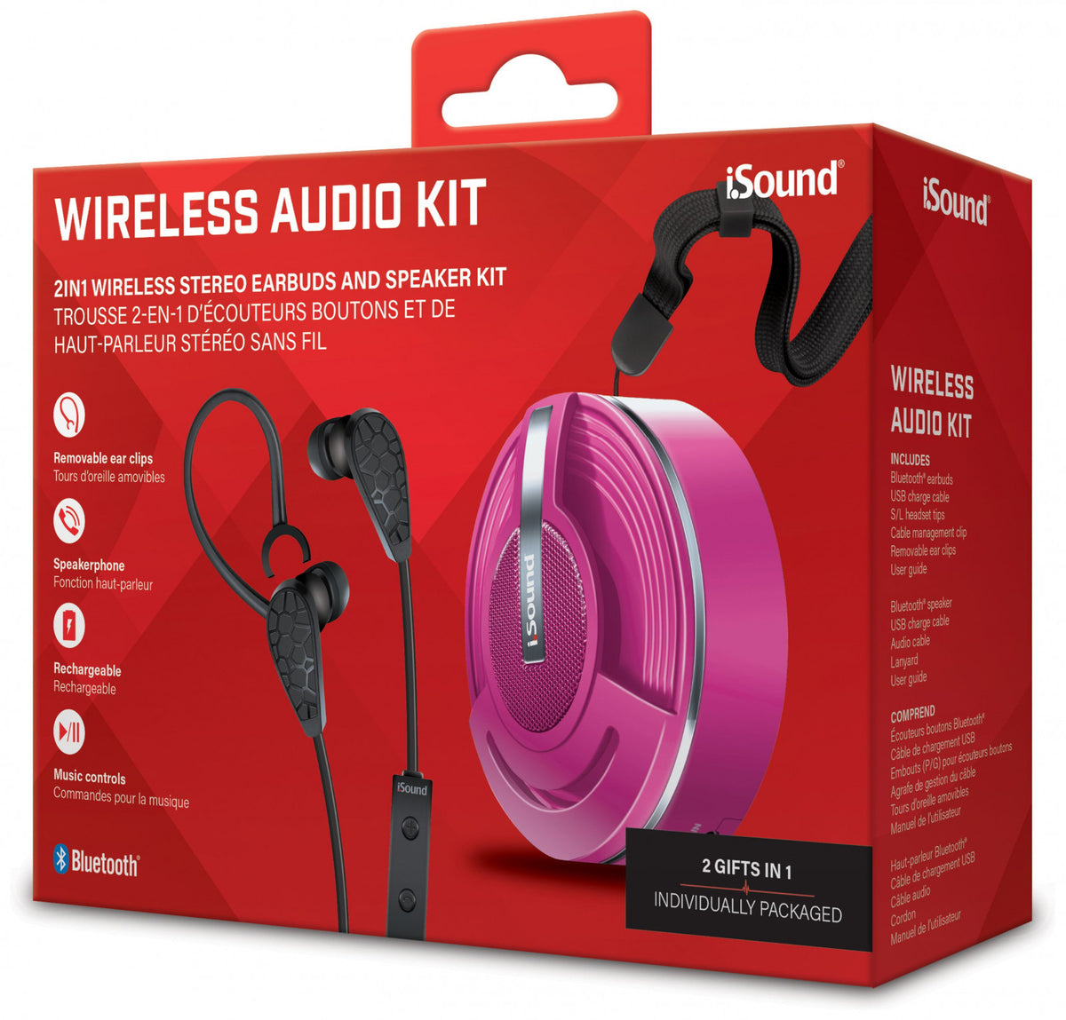iSound Wireless Audio Kit featuring pink Bluetooth stereo earbuds with removable ear clips and a matching portable speaker displayed in packaging