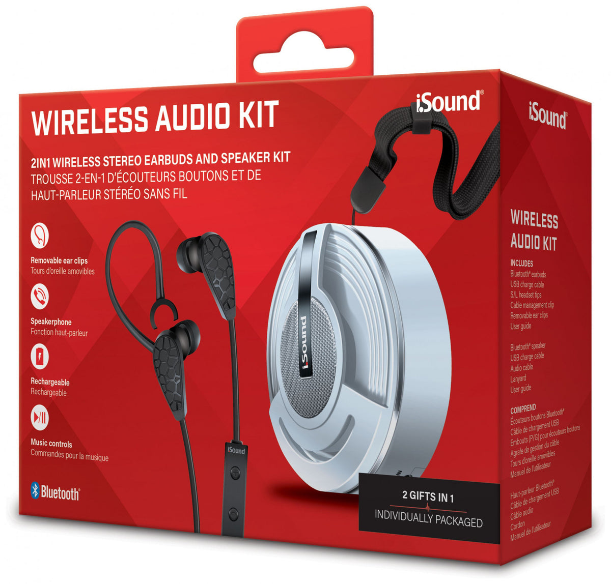 iSound Bluetooth Wireless Audio Kit featuring white earbuds with removable ear clips and a matching wireless speaker all presented in a red box