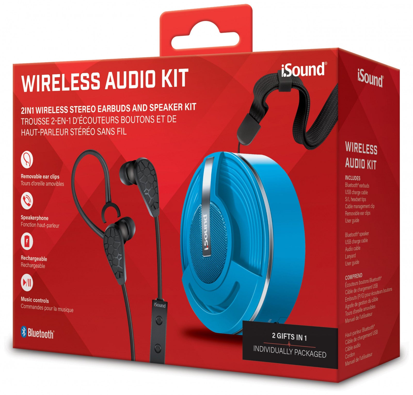 iSound "Wireless Audio Kit" box features black wireless earbuds and a blue wireless speaker.