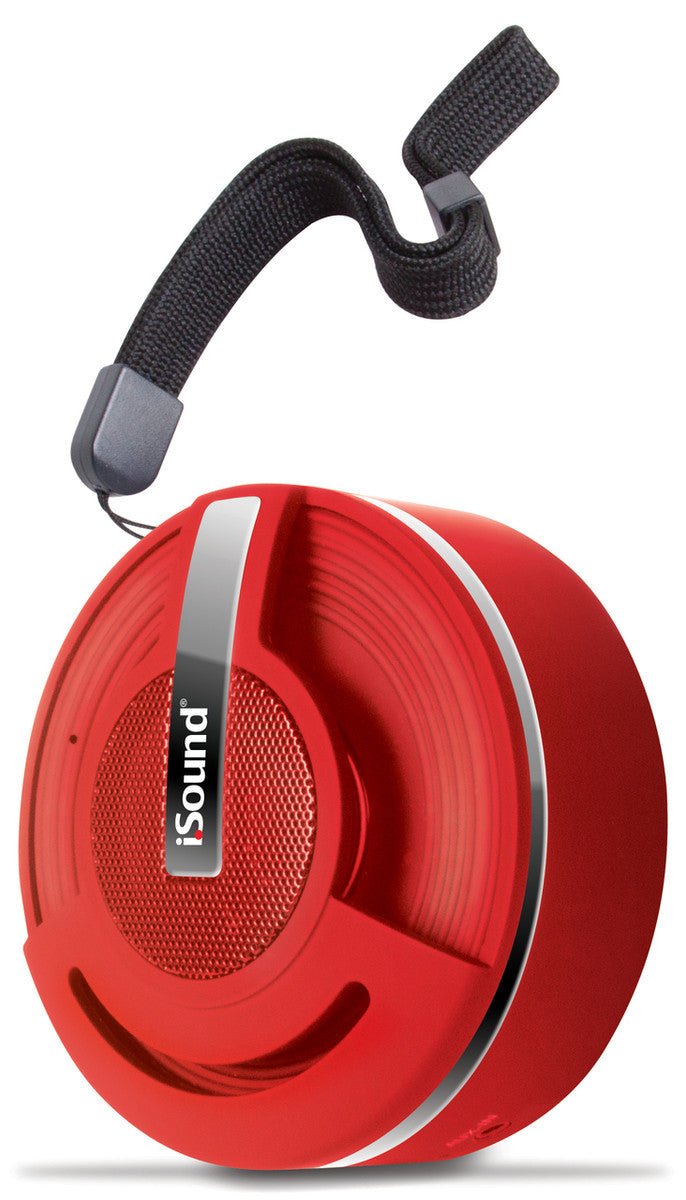 Red iSound Bluetooth wireless audio kit with black wrist strap featuring a round speaker with textured grille and silver accents