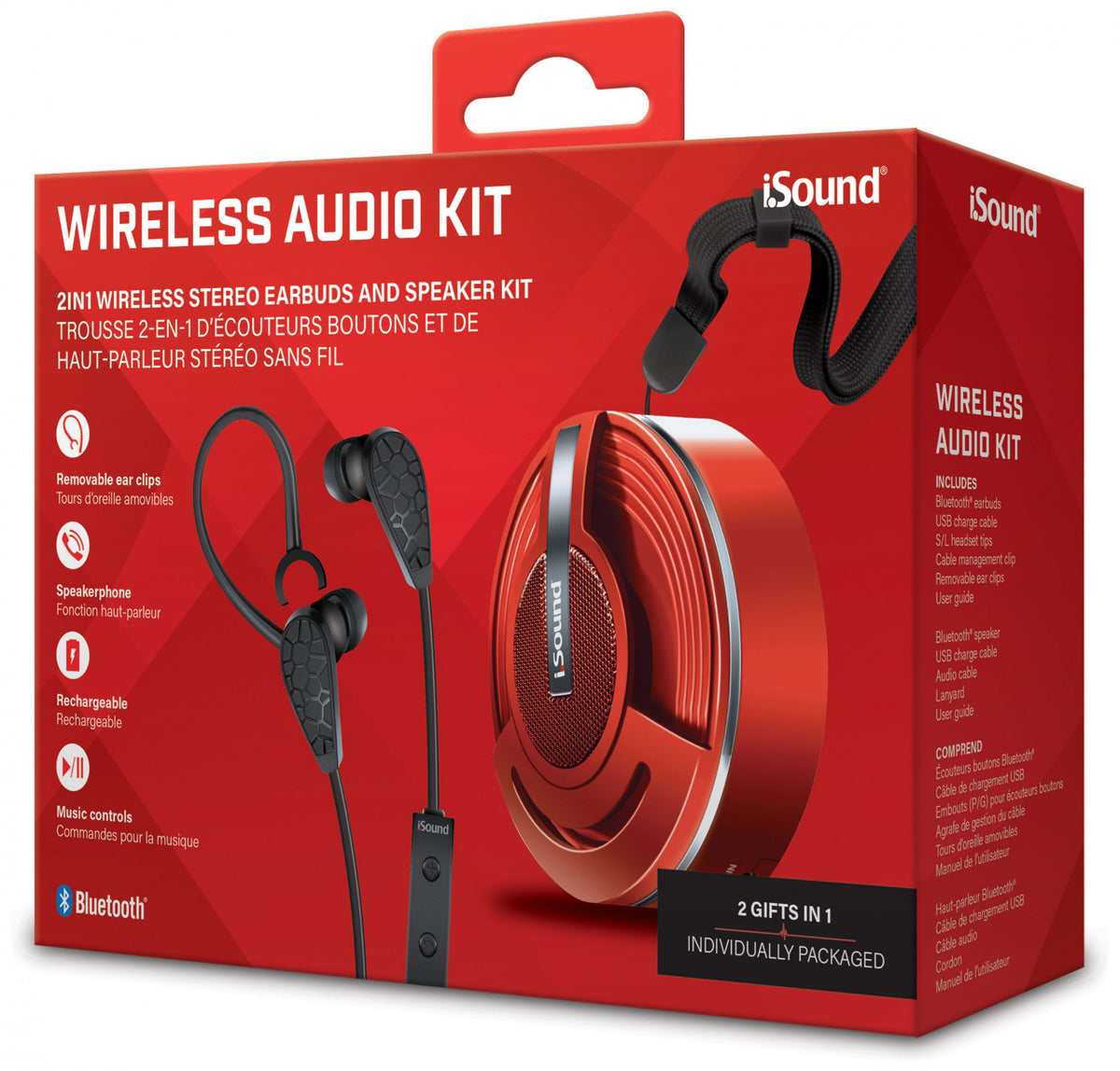 iSound red Wireless Audio Kit with Bluetooth earbuds removable ear clips speakerphone music controls and a Bluetooth speaker