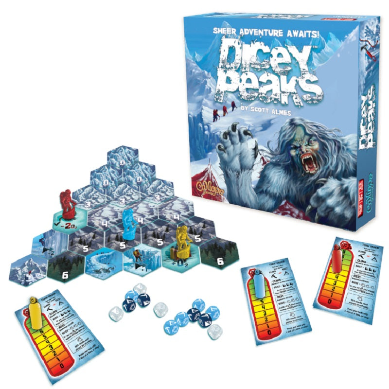 Dicey Peaks board game with icy terrain tiles three explorer miniatures six dice and four player boards displaying health and turn order info