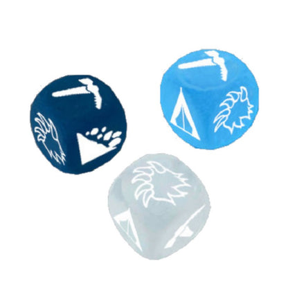 Three Dicey Peaks dice one dark blue one light blue and one translucent white each featuring a pickaxe a tent and a paw print symbol