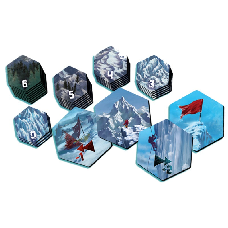 Dicey Peaks board game hexagonal tiles featuring various mountain scenes including numbered terrain 0-6 an abandoned tent a climber and a summit flag suggesting strategic gameplay
