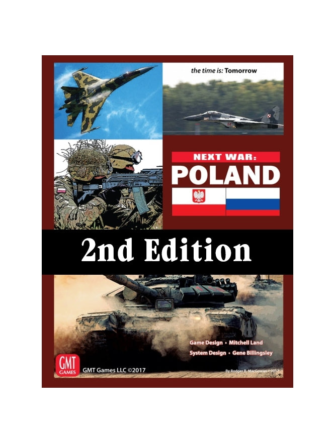 Cover of "Next War: Poland 2nd Edition" wargame, depicting fighter jets, a soldier, a tank, and flags