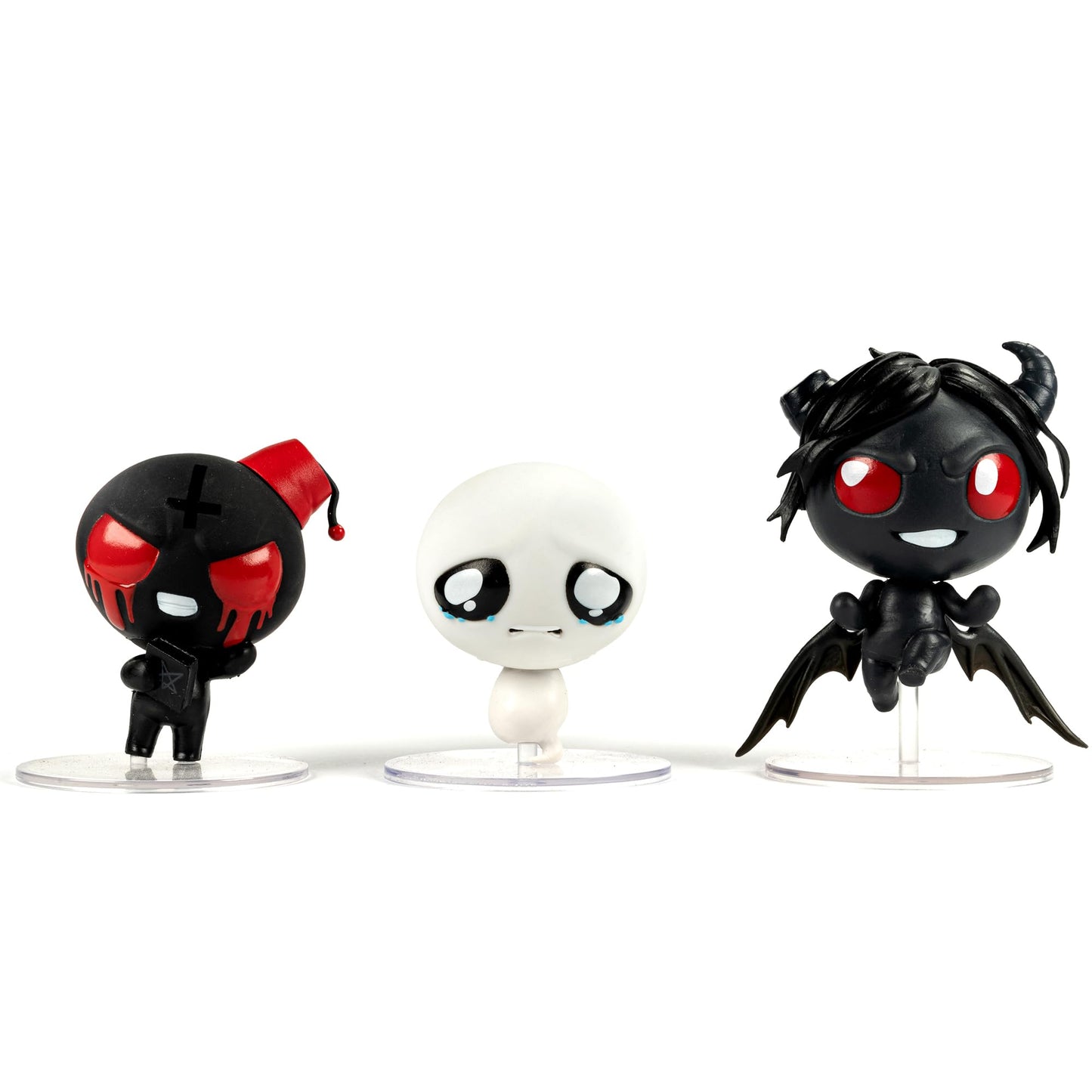 Three The Binding of Isaac Collection figures are shown: a black figure with a red fez, a crying white figure, and a black demon figure with horns and wings