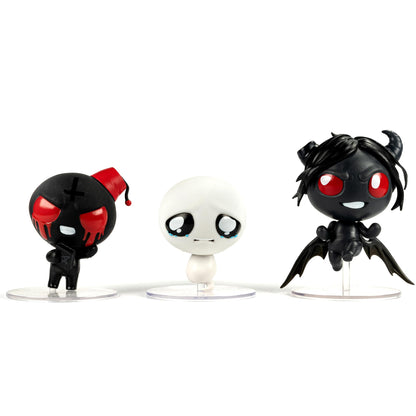 Three The Binding of Isaac Collection figures are shown: a black figure with a red fez, a crying white figure, and a black demon figure with horns and wings