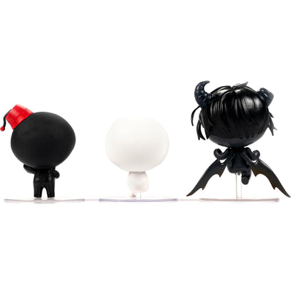 Three The Binding of Isaac collection figures: a black character with a red fez, a white character, and a black demon with horns and wings