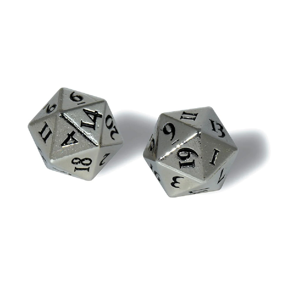 Two shiny chrome D20 dice with black numbering are visible against a white background