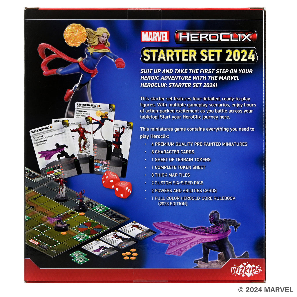 Back of a Marvel HeroClix Starter Set 2024 box, displaying superhero miniatures, game board, dice, and set contents